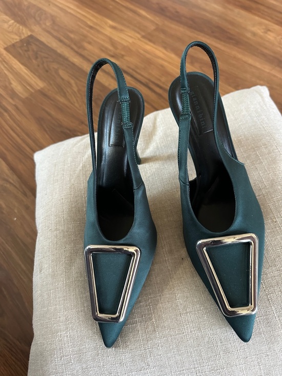 Gianni Bini Shoes - Satin Teal Slingback Pointed Toe Heels with Silver Buckle